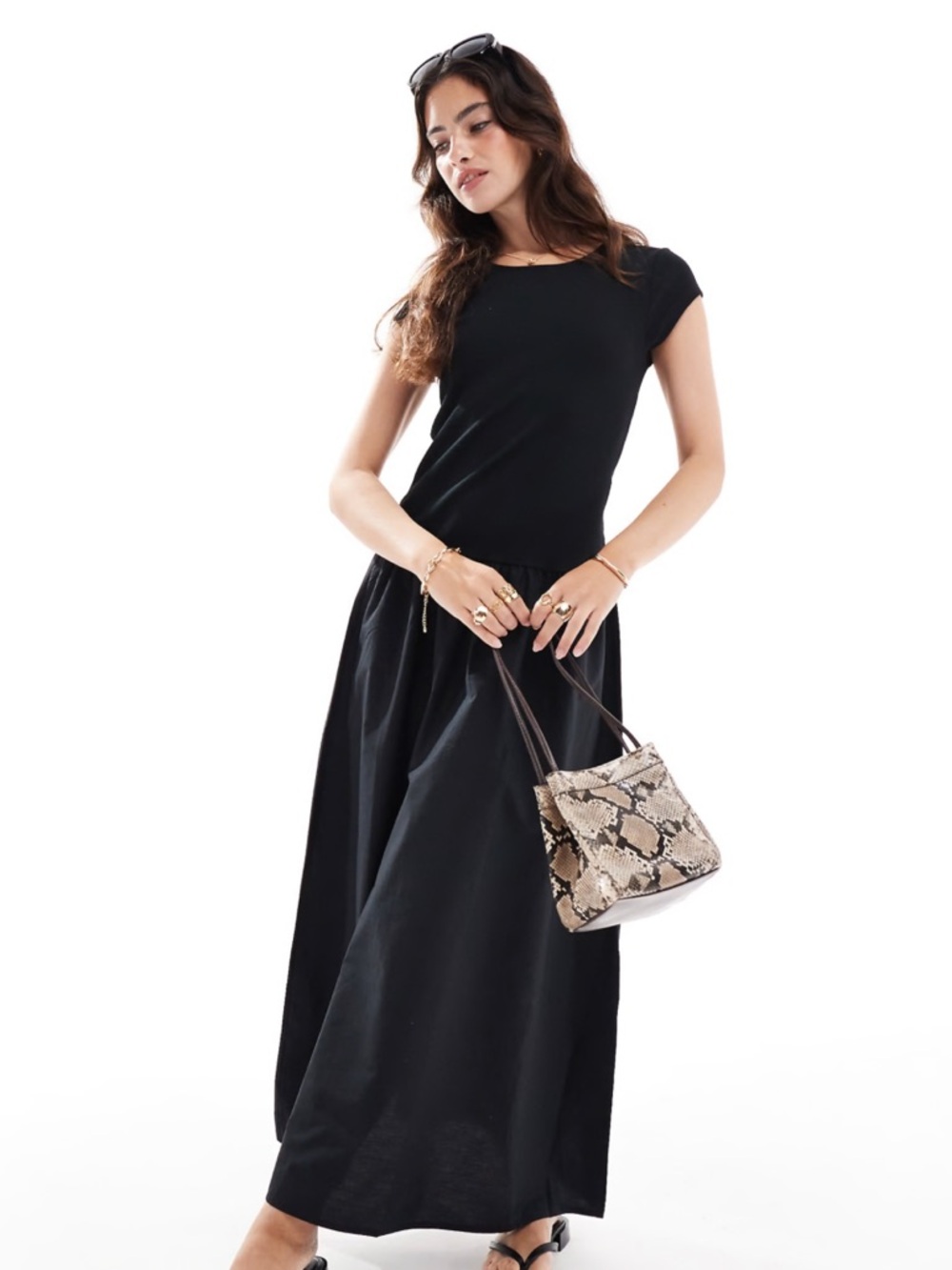 Mango Black Maxi Dress with Short Sleeves